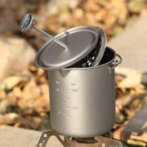 750ml Titanium French Press Coffee Maker Lightweight Foldable Outdoor Cookware Set with Frying Pans for Camp Cooking