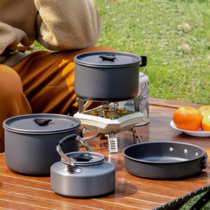 3-4 Person Outdoor Camping Cookware Set Kettle Cooking Pot Pan with Bowl and Spoon Aluminum Portable Cutlery Set